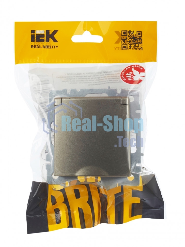 Розетка 1-местная BRITE IEK РСбш10-3-БрШ (BR-R16-16-K37) с заземлением, с защитными шторками и крышкой, 16А, IP20, шампань