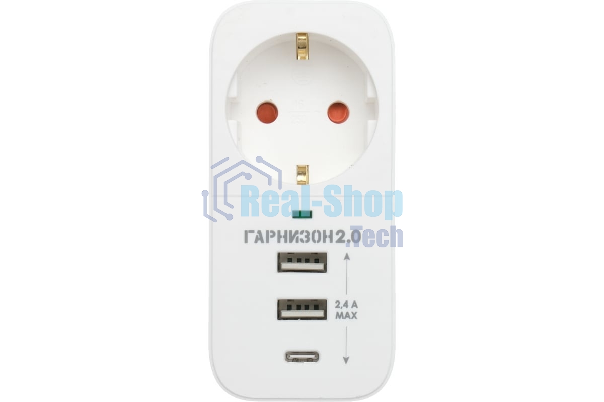 Сетевой фильтр Гарнизон SKT-1-CU2-W 2.0 Мультипорт однорозеточный, 1 р, 16А, 1xType-C, 2 х USB, ур.защиты 2+, белый (21440)