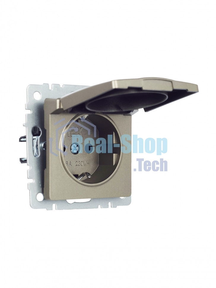 Розетка 1-местная BRITE IEK РСбш10-3-БрШ (BR-R16-16-K37) с заземлением, с защитными шторками и крышкой, 16А, IP20, шампань