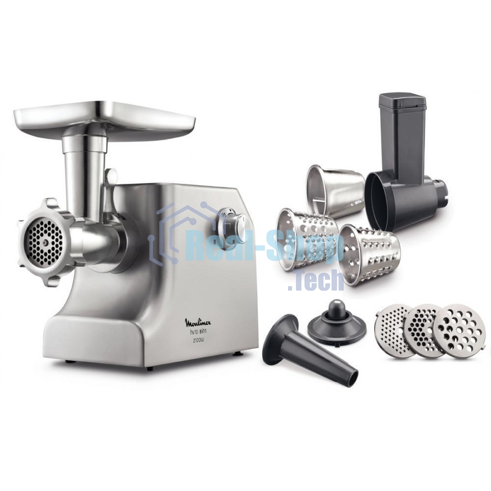 Мясорубка электрическая Moulinex ME858D32 серебристый, 2100 Вт, 5.5 кг/мин, реверс, защита от перегрузки, насадки - 8