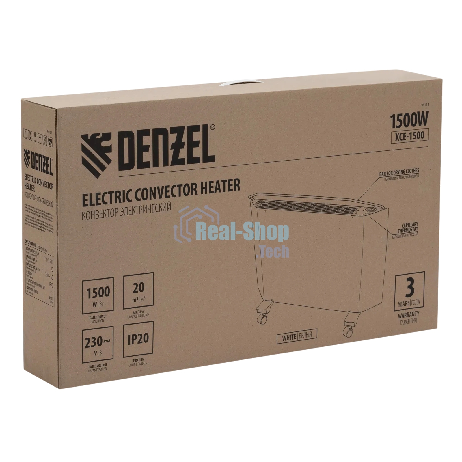 Конвектор Denzel XCE-1500 белый, 1500 Вт, 20 м2, термостат