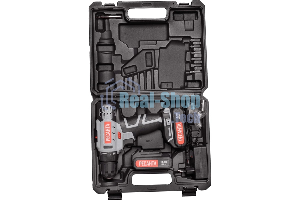 Дрель-шуруповерт аккумуляторная Ресанта ДА-14-2ЛК 75/14/4, Аккумуляторная, 14,4В, 2 АКБ, Кейс