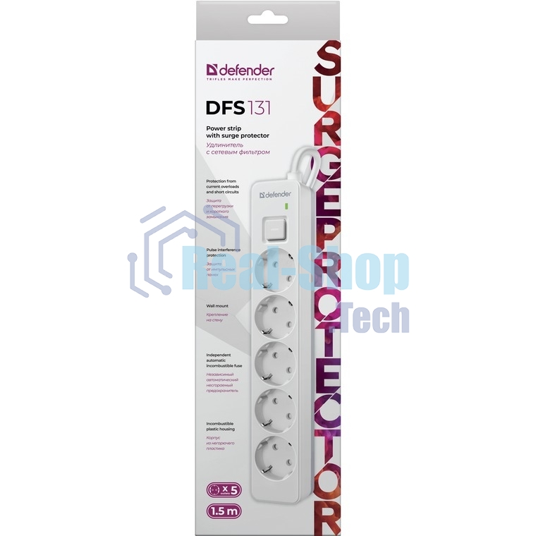 Удлинитель с сетевым фильтром Defender DFS 131, белый, 5 розеток, 1.5 м.