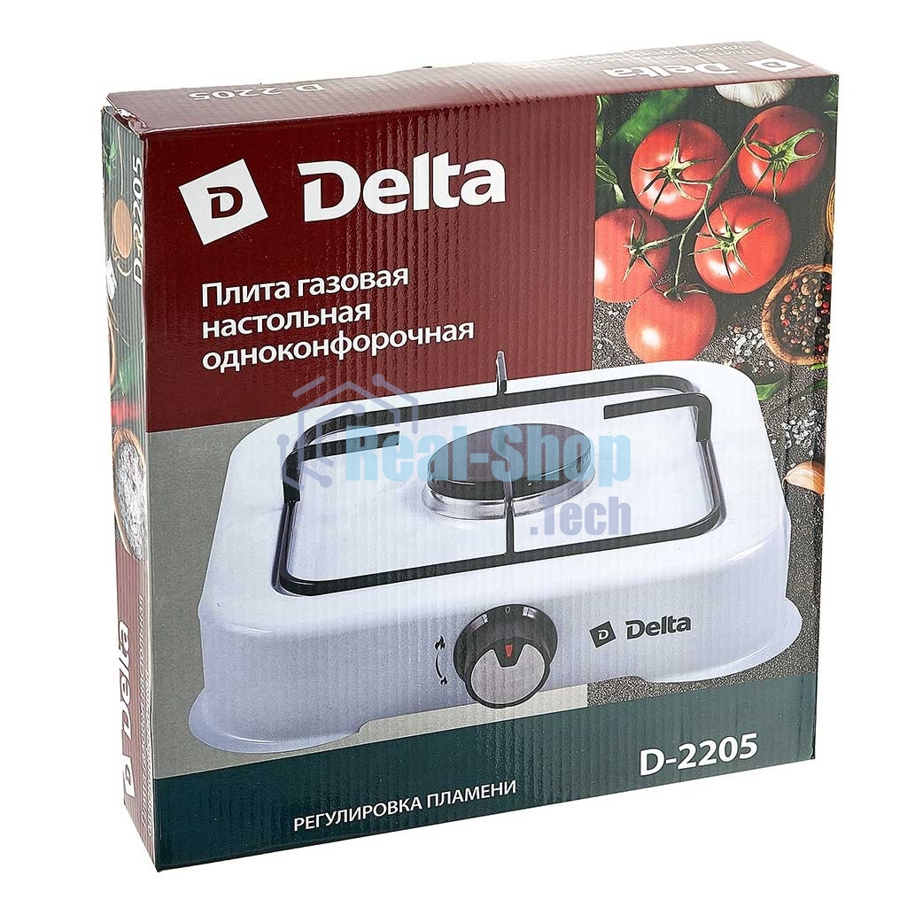 Плита настольная газовая Delta D-2205 белый, 2.2 кВт, газ, конфорки - 1, эмаль, поворотные переключатели
