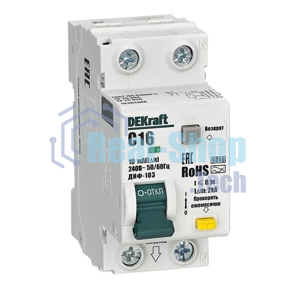 Выключатель автоматический дифференциального тока (АВДТ) 1P+N 16А 10мА AC х-ка C ДИФ-103 6кА DEKraft 16302DEK