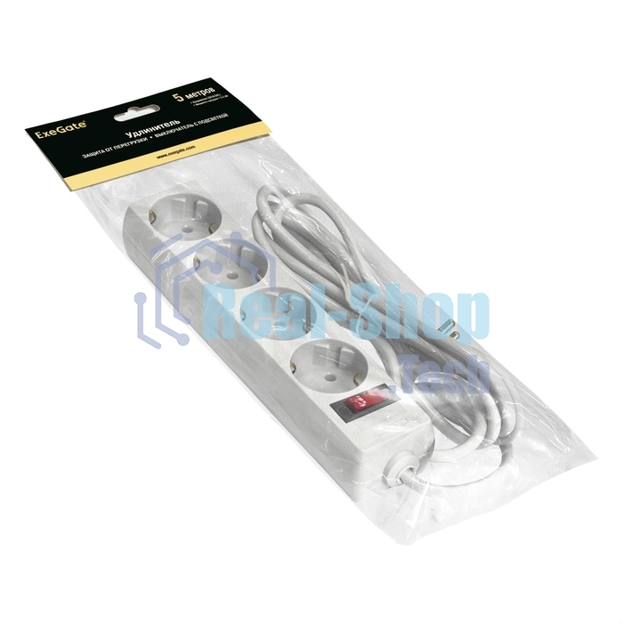 Удлинитель ExeGate EC-4-5W (EX279401RUS), белый, 5 м, евровилка с заземлением, 4 евророзетки с заземлением, 2200 Вт