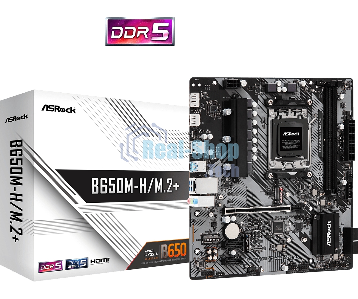 Материнская плата ASRock B650M-H/M.2+, AM5, AMD B650, 2xDDR5, 4xSATA, 2xM.2, 1xPCIe 4.0 x16, 1xDP, 1xHDMI, 1x1Gb LAN, 2xUSB 2.0, 3xUSB 3.2 Gen 1, 1xUSB-C, 3x3.5 мм, 7.1, Micro-ATX