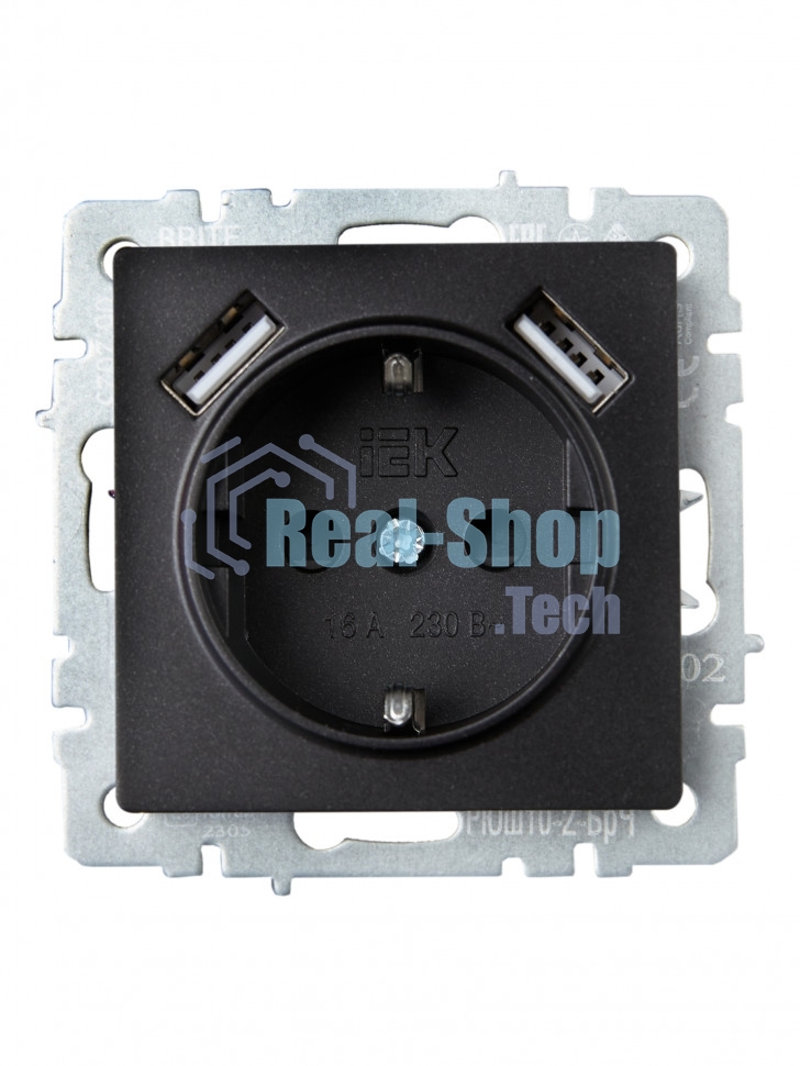 Розетка 1-местная IEK BRITE РЮш10-2-БрЧ (BR-R14-16-U21-D31-K02) с заземлением, с защитными шторками, 16А, с USB A+A 5В 3,1А, черный