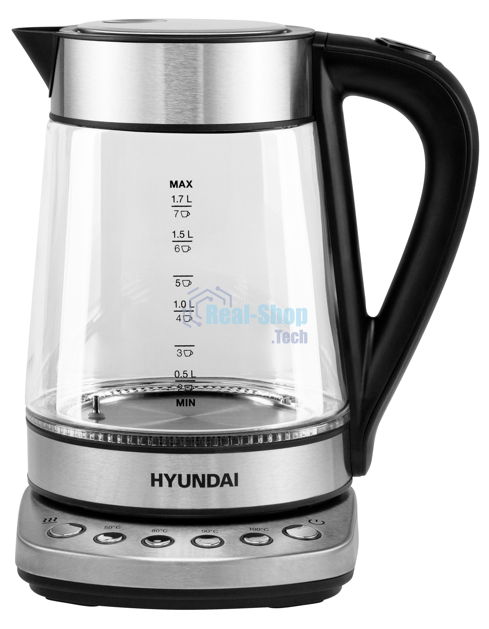 Чайник электрический Hyundai HYK-G3026 1.7л. 2200Вт серебристый/черный (корпус: стекло)