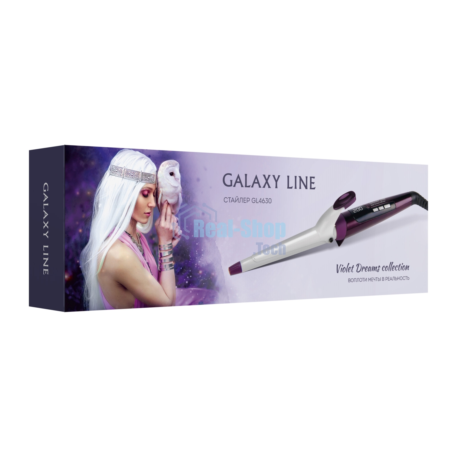 Стайлер Galaxy Line GL 4630, violet dreams, 45 Вт, двойное напряжение 110-240 В ~, керамико-кератиновое покрытие, регулировка температуры от 120 до 200°С, LED-дисплей, диаметр нагревательного элемента 13 мм-25 мм, термоизолированный наконечник