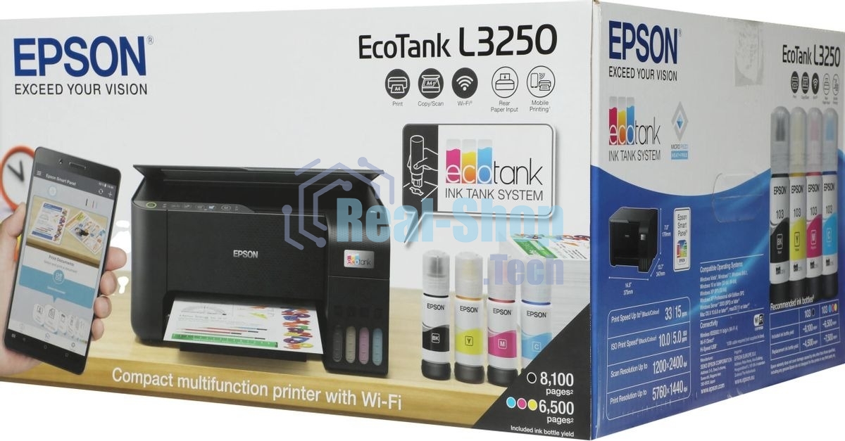 МФУ струйное Epson L3250 (C11CJ67412/C11CJ67418/C11CJ67405/C11CJ67408/C11CJ67503/C11CJ67508/C11CJ67523), A4, цветное, печ. до 33 стр/мин. (ч/б) до 15 стр/мин. (цвет), скан. до 11 стр/мин. (ч/б) 28 стр/мин. (цвет), 1440 x 5760 dpi (печать) 1200x2400dpi (скан.), USB, Wi-Fi