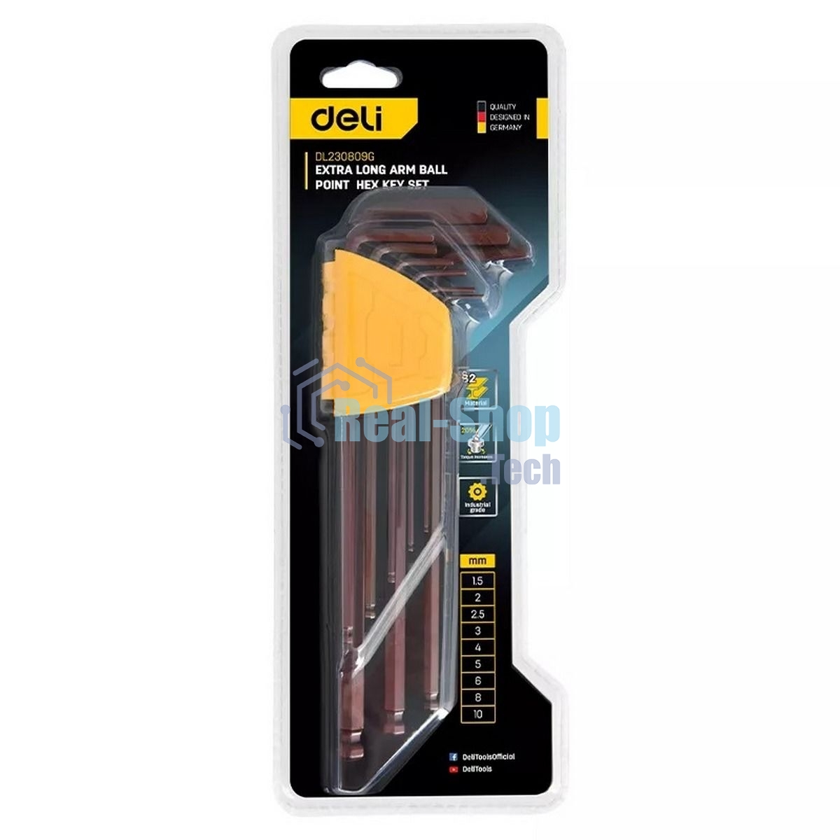 Ключ Deli Набор шестигранных ключей с шаром сверхдлинных Deli DL230809G 9 шт Cr-V, размеры 1,5,2,2,5,3,4,5,6,8,10мм, пластиковый держатель