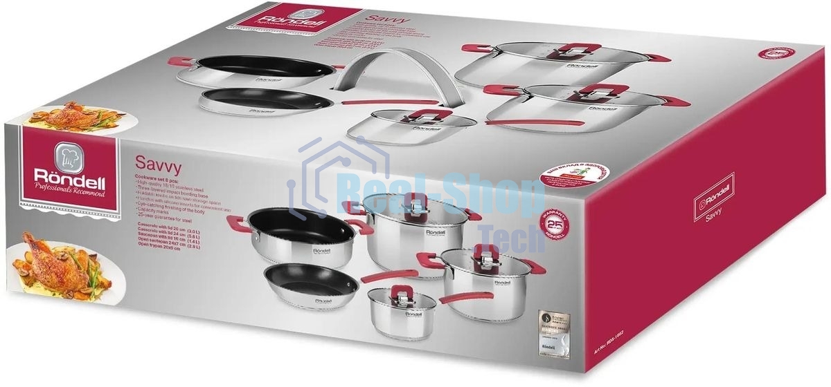 Набор 8 предметов Rondell RDS-1662, Кастрюли с/кр 20 см (3,0 л), 24 см (5,6 л), ковш с/кр 16 см (1,4 л), сотейник б/кр 2