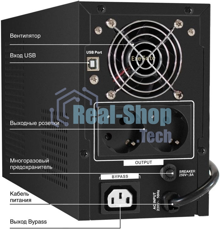 Источник бесперебойного питания ExeGate SineTower SN-1000.LCD.AVR.2SH.1C13.USB / 1000 ВА / 800 Вт / 2 x CEE 7 (евророзетка), 1 x IEC 320 C13