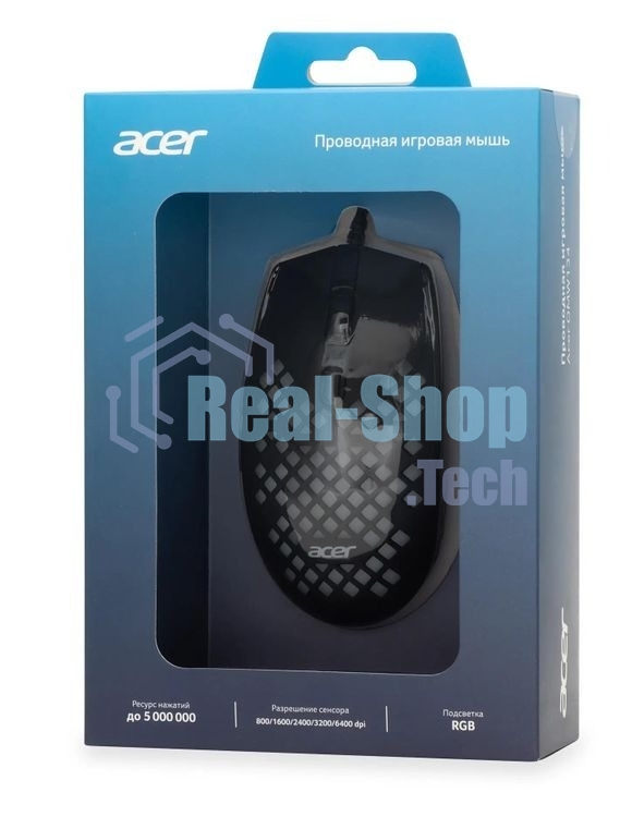 Мышь проводная Acer OMW134 черный, 3200 dpi, USB, кнопки - 6