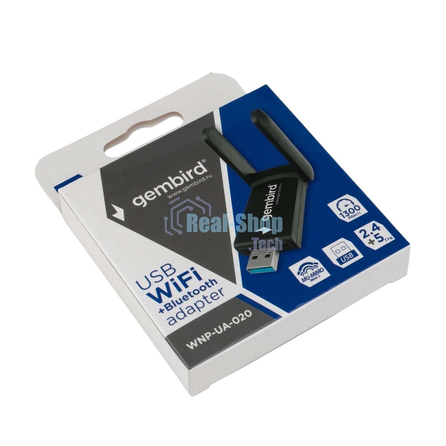 Сетевой адаптер WiFi+Bluetooth Gembird WNP-UA-020 двухдиапазонный с антеннами, 1300 Мбит, USB, 802.11b/a/g/n/ac