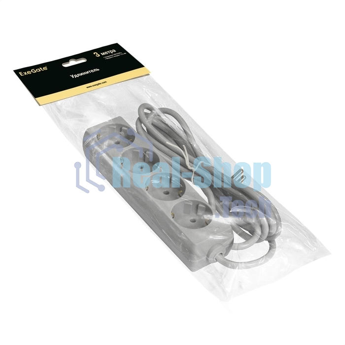 Удлинитель ExeGate ECE-4-3G (EX285814RUS), серый, 3 м, евровилка с заземлением, 4 евророзетки с заземлением, 2200 Вт