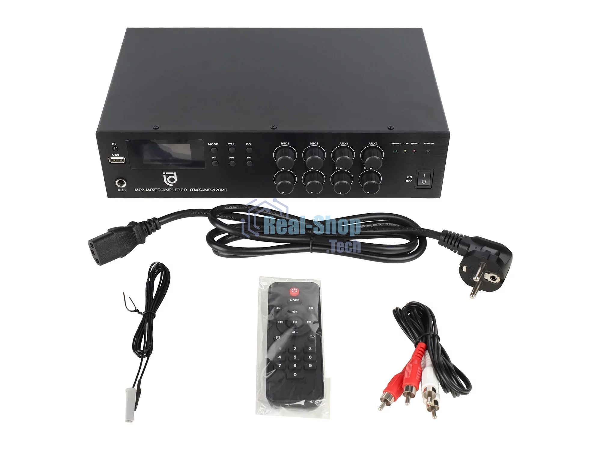 Микшер-усилитель Intrend ITMXAMP-120MT MP3, FM тюнер, USB, Bluetooth, 2хMic/3хLine входы, 1хLine выход,120 Вт, 4/8Ом/100V, IR-пульт в комплекте