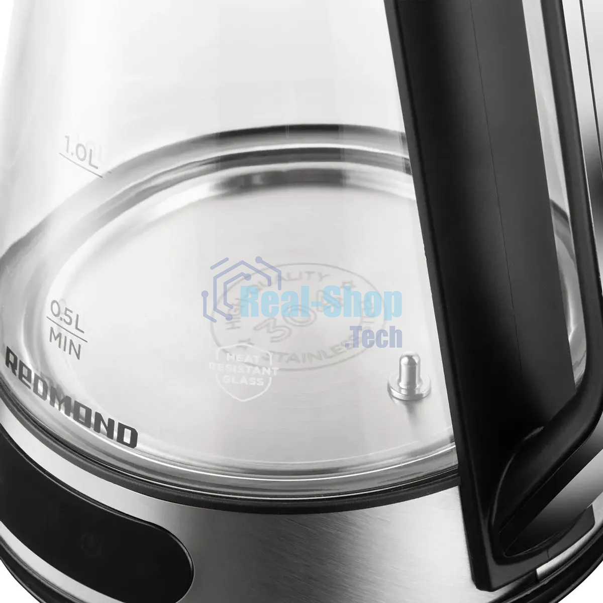 Чайник электрический Redmond KG222 1.5 л, 2200 Вт, стекло/сталь, серебристый/черный