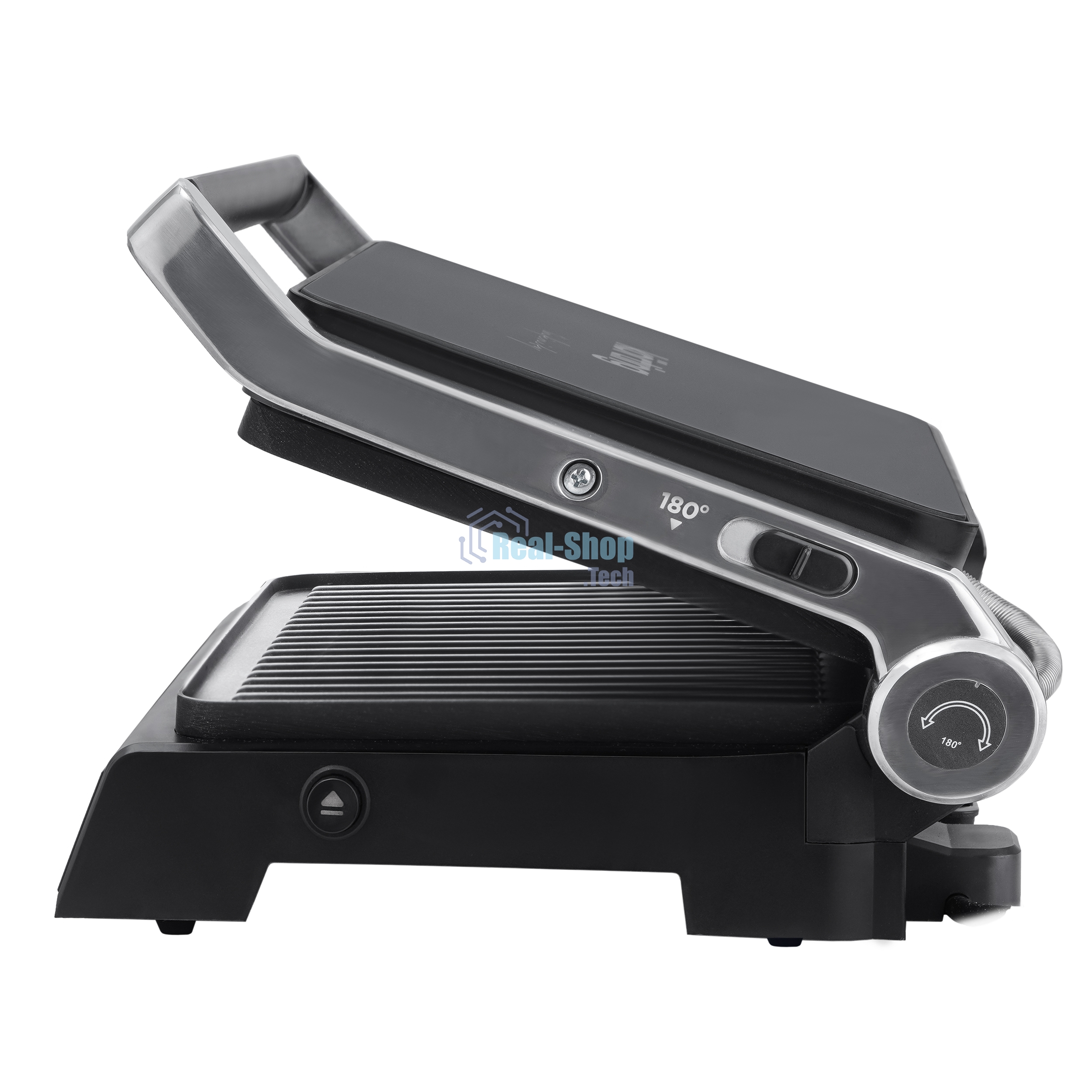 Гриль электрический KORTING KGPA 0403 W Infinity, мощность 2000 Вт, сенсорное управление, цветной дисплей, 10 автоматических программ, раздельная регулировка температуры верхней и нижней панелей, температура от 90 до 230 градусов, таймер, цвет черный