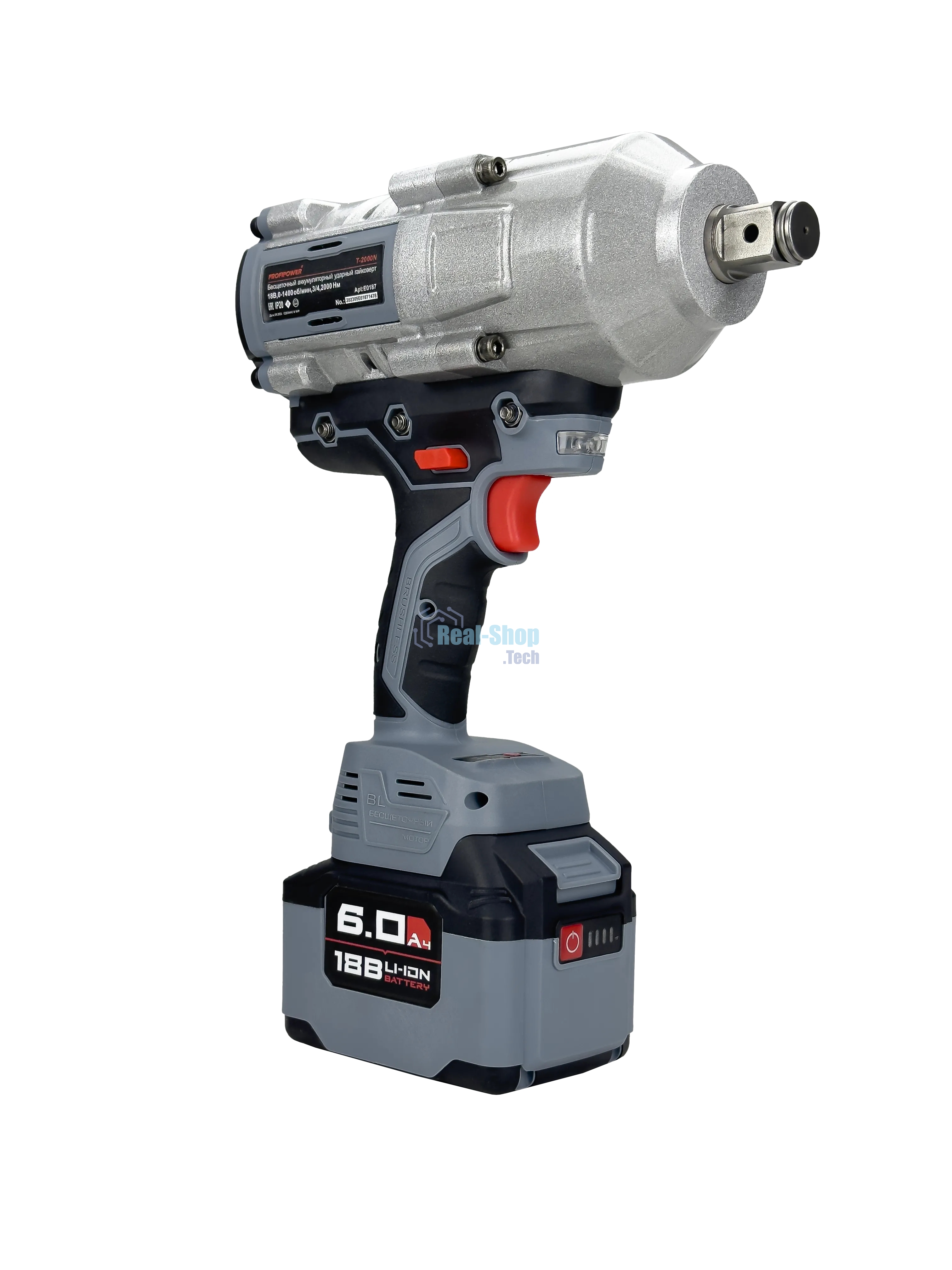 Аккумуляторный гайковерт бесщеточный ударный ProfiPower T-2000N (Li-ion-1шт, 6.0А·ч, 2000Нм, адаптер переходника, З/У, в кейсе)
