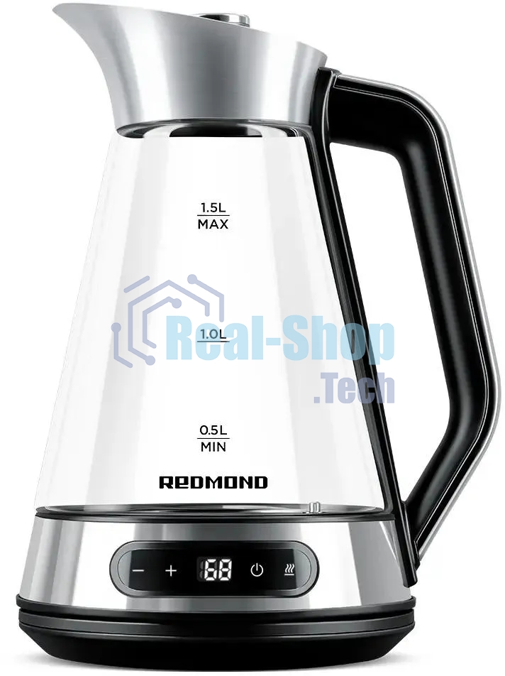 Чайник электрический Redmond KG222 1.5 л, 2200 Вт, стекло/сталь, серебристый/черный
