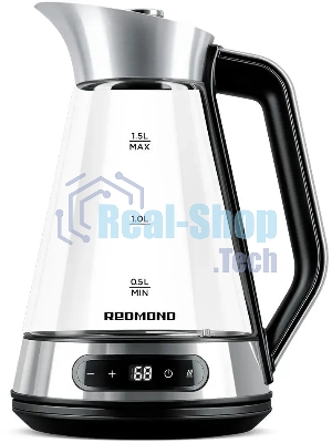 Чайник электрический Redmond KG222 1.5 л, 2200 Вт, стекло/сталь, серебристый/черный