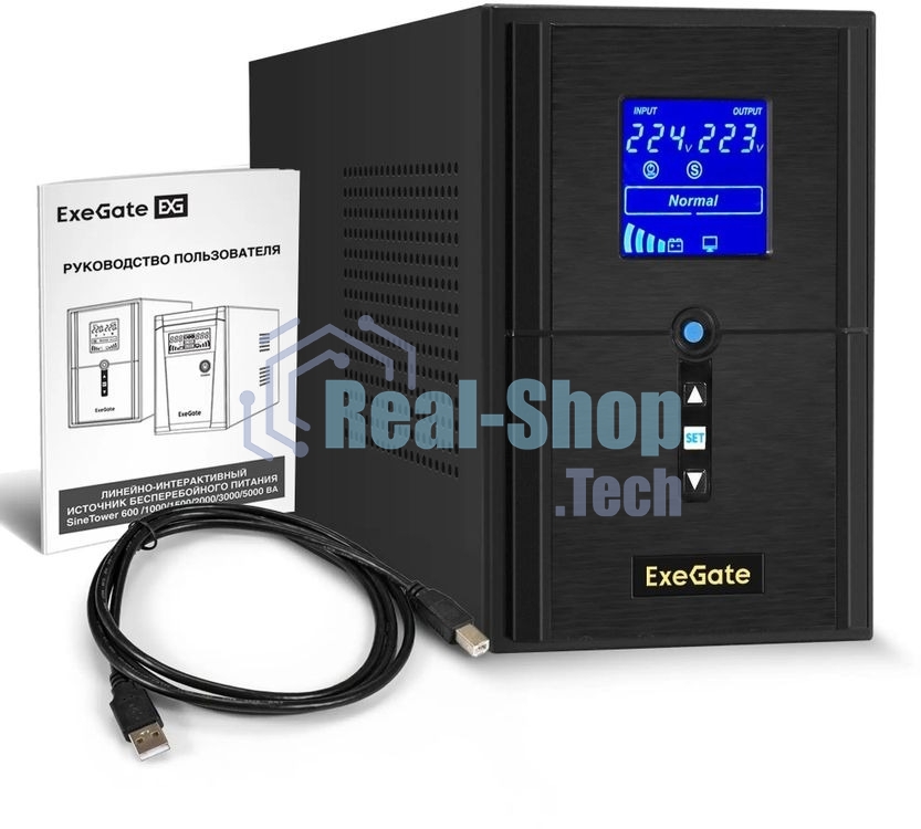 Источник бесперебойного питания ExeGate SineTower SN-1000.LCD.AVR.2SH.1C13.USB / 1000 ВА / 800 Вт / 2 x CEE 7 (евророзетка), 1 x IEC 320 C13