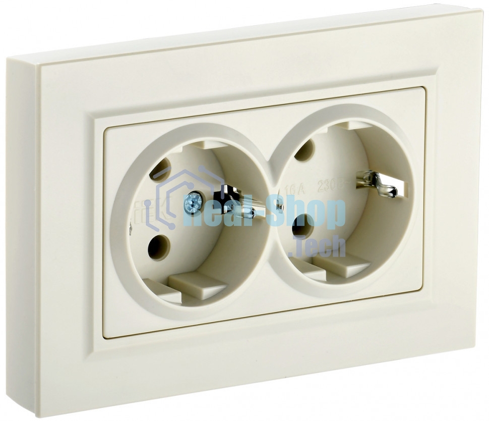 Розетка 2-местная IEK BRITE РС12-3-БрКр (BR-R21-16-K10-F) с заземлением, без защитных шторок, 16А в сборе, бежевый
