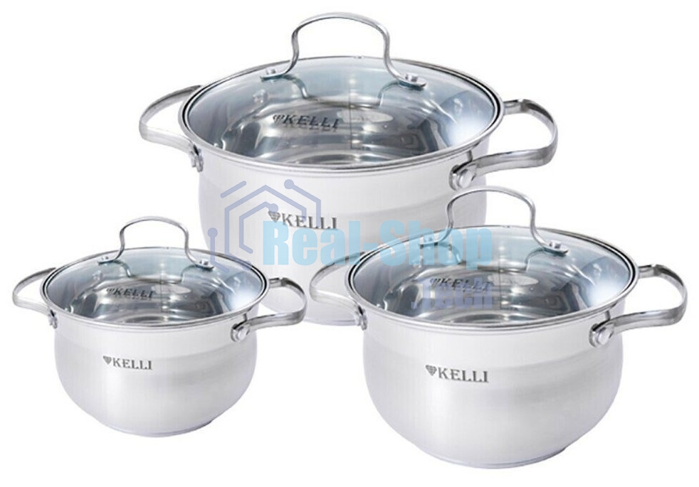 Набор посуды Kelli KL-4209 6 пред. Кастрюля с жаропрочной стекл. крышкой 2.1 л. Кастрюля с жаропрочной стекл. крышкой 3 л. Кастрюля с жаропрочной стекл. крышкой 4 л. Высококачественная нерж. сталь 18/10. 5-ти слойное капсульное дно.