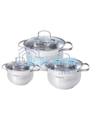 Набор посуды Kelli KL-4209 6 пред. Кастрюля с жаропрочной стекл. крышкой 2.1 л. Кастрюля с жаропрочной стекл. крышкой 3 л. Кастрюля с жаропрочной стекл. крышкой 4 л. Высококачественная нерж. сталь 18/10. 5-ти слойное капсульное дно.
