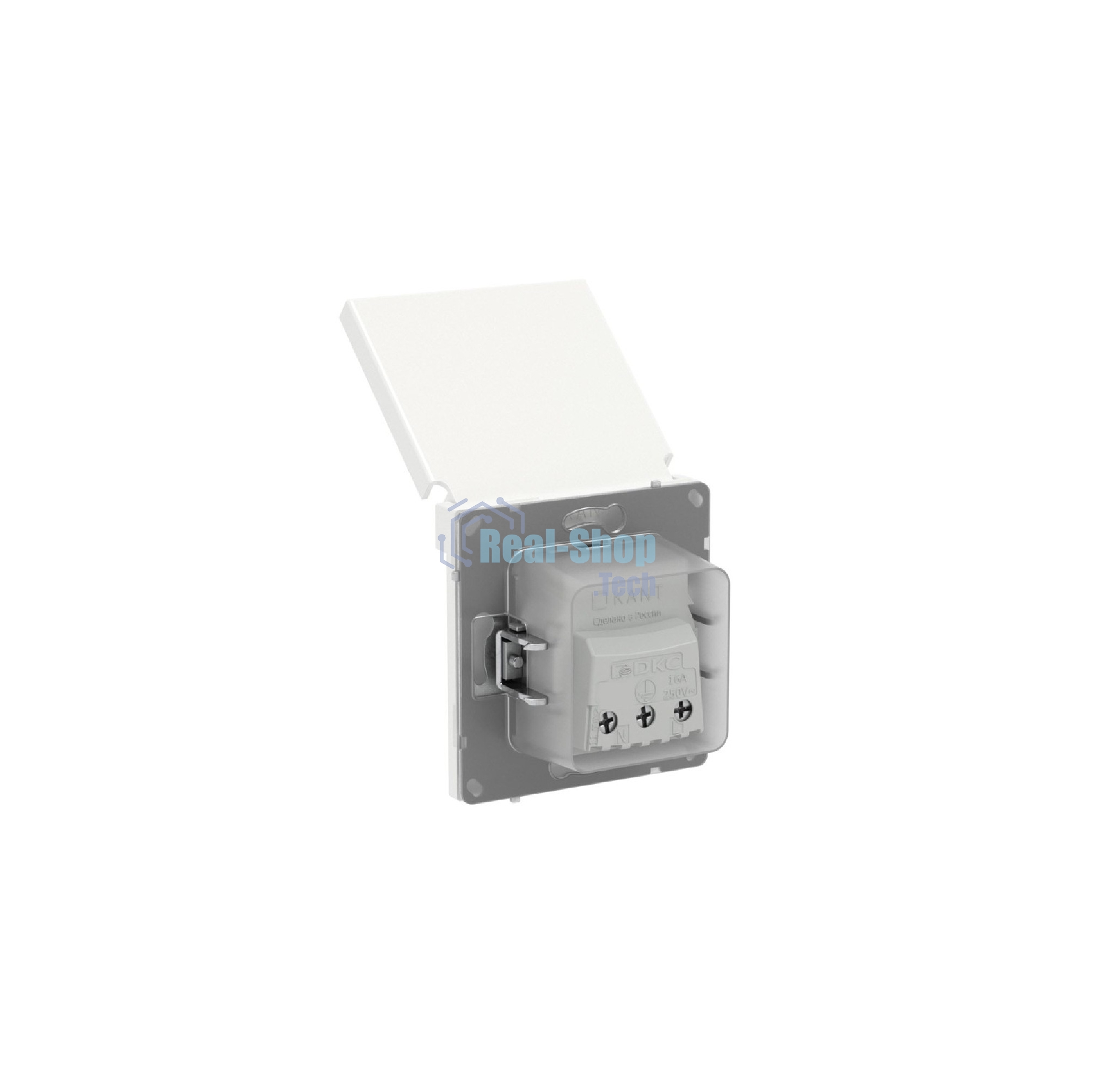 Розетка силовая, 2P+E, с з/ш, с крышкой, IP44, белая магнолия