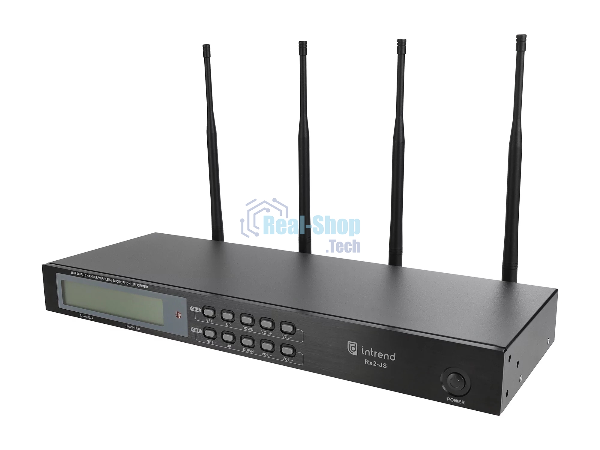 Микрофонная система Intrend ITWMIC-JS-LH цифровая, беспроводная, двухканальная. 2 поясных передатчика, 2 головных микрофона, 2 петличных микрофона, диапазон UHF, LCD дисплей