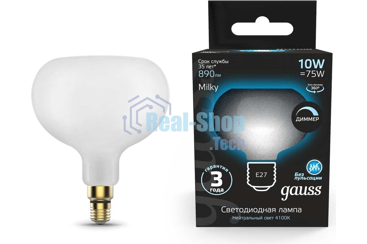Лампа cветодиодная Gauss Filament А190 10W 890lm 4100К Е27 milky диммируемая LED