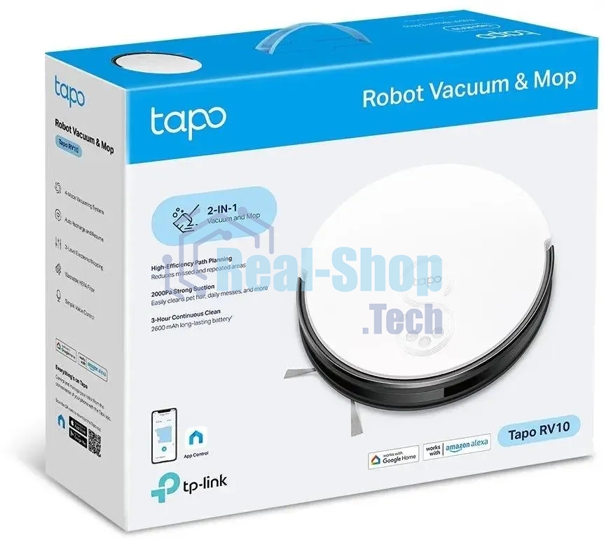 Робот-пылесос TP-Link Tapo RV10 белый/черный, 25 Вт, 2600 мАч Li-Ion, уборка влажная/сухая, пылесборник контейнер 0.4 л