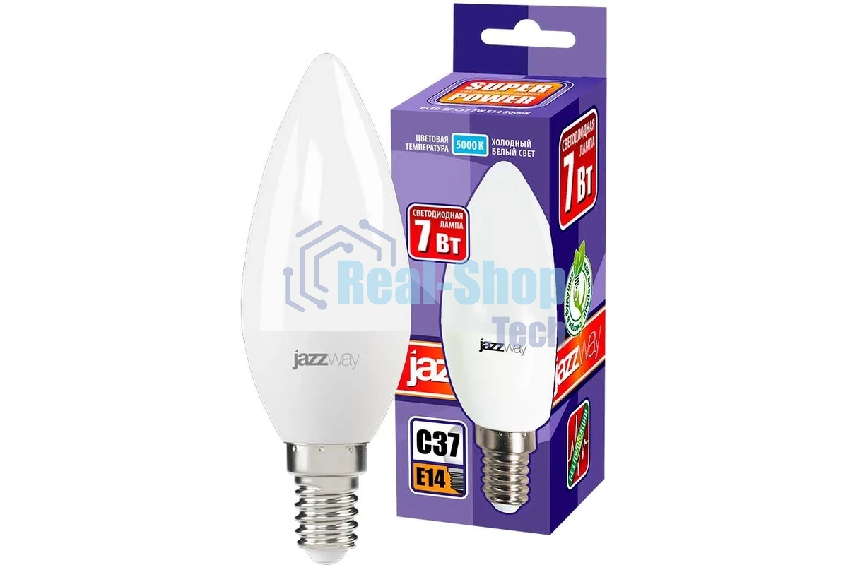 Лампа светодиодная JazzWay PLED-SP C37 7Вт свеча 5000К холодный белый E14 560лм 230В