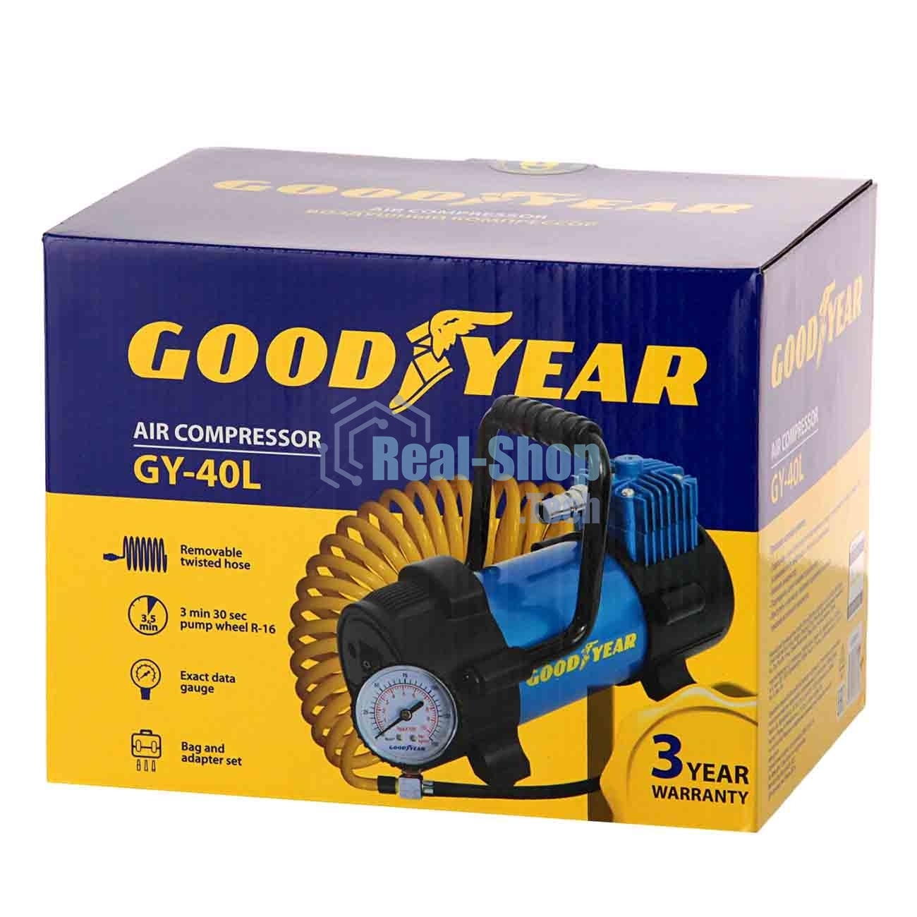 Компрессор GOODYEAR GY-40L GY000111 40 л/мин со съемной ручкой Воздушный компрессор Goodyear GY-40L 40 л/мин со съемной ручкой, съемный витой шланг, сумка для хранения
