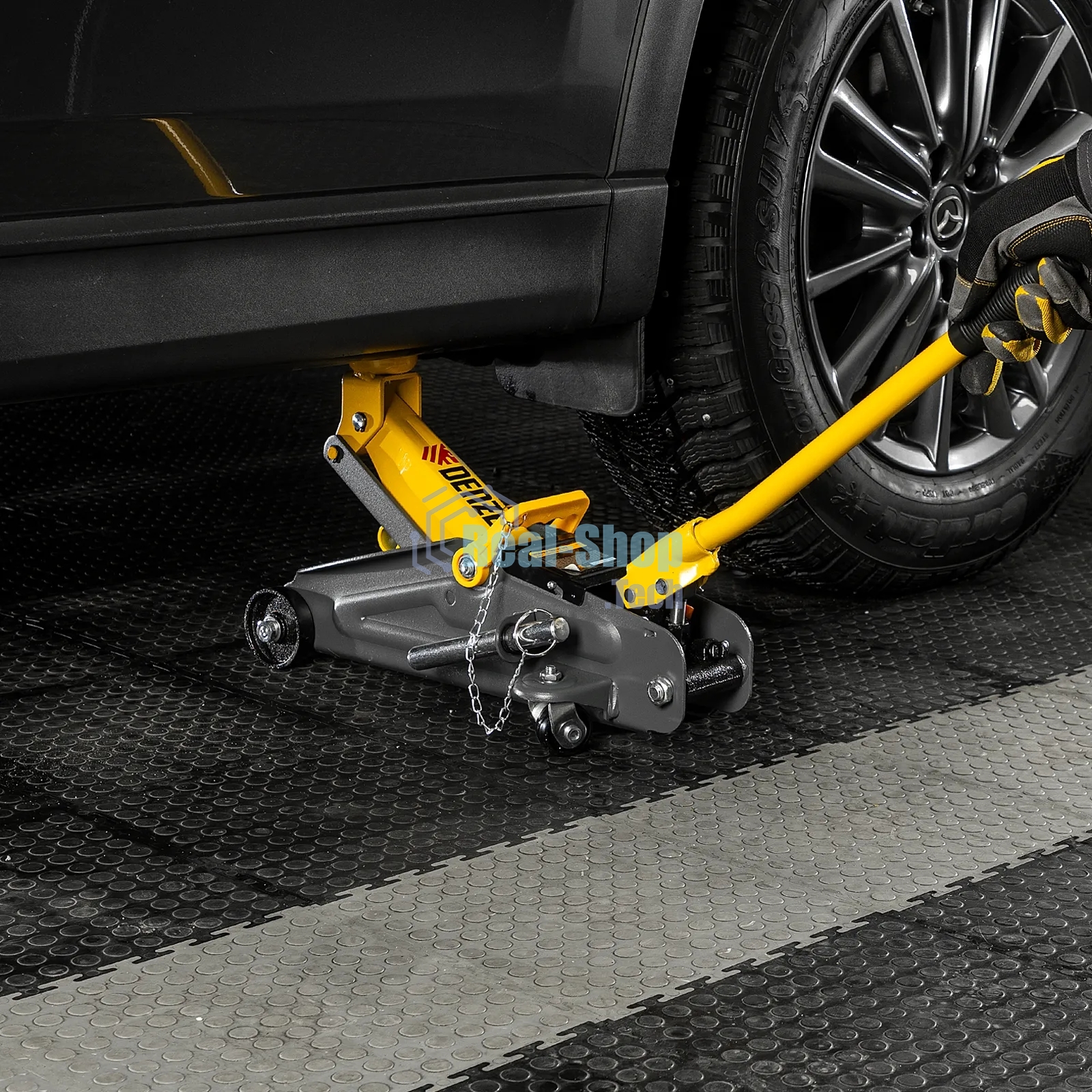 Домкрат гидравлический подкатной с фиксатором Denzel 2 т, 130-330 мм, в кейсе