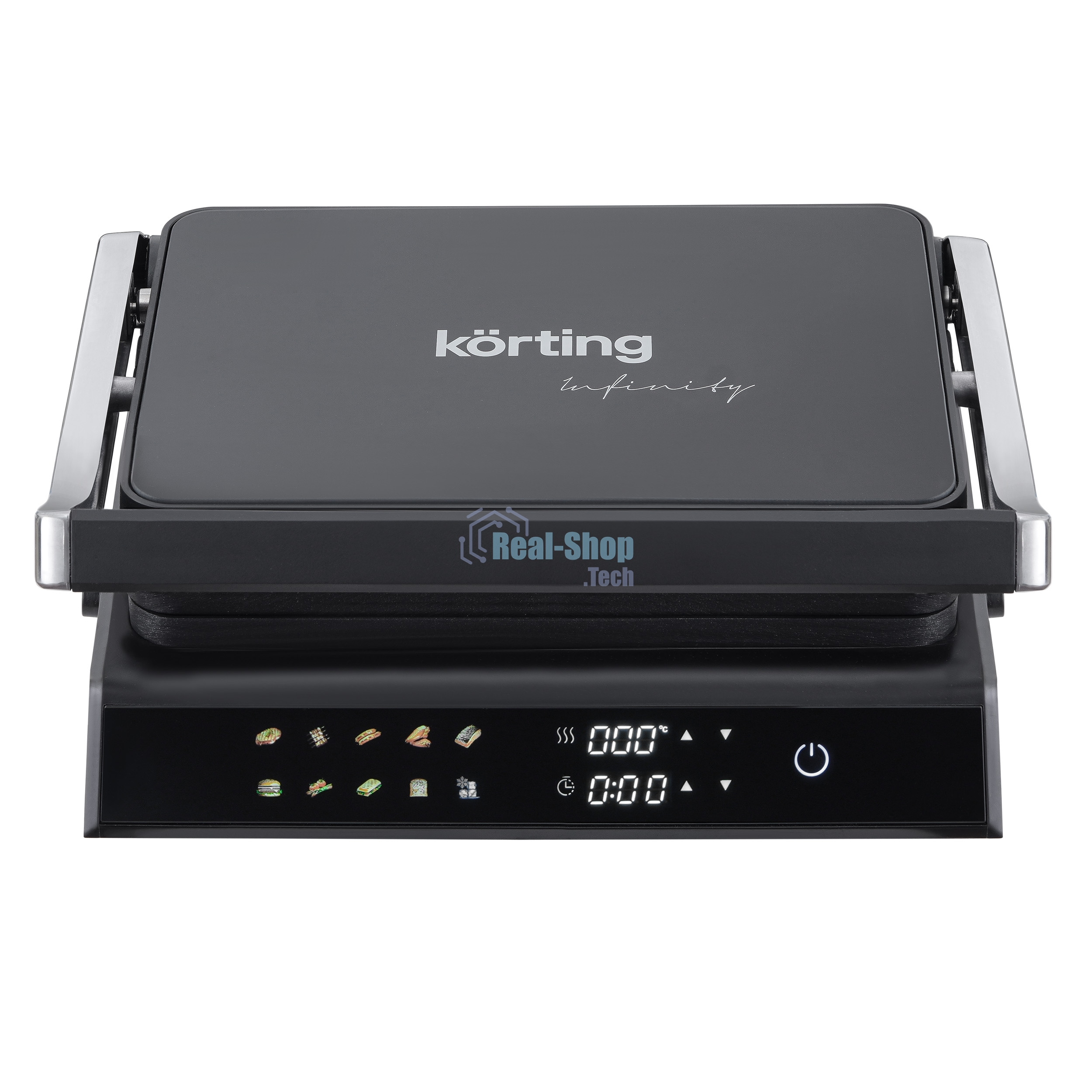Гриль электрический KORTING KGPA 0403 W Infinity, мощность 2000 Вт, сенсорное управление, цветной дисплей, 10 автоматических программ, раздельная регулировка температуры верхней и нижней панелей, температура от 90 до 230 градусов, таймер, цвет черный