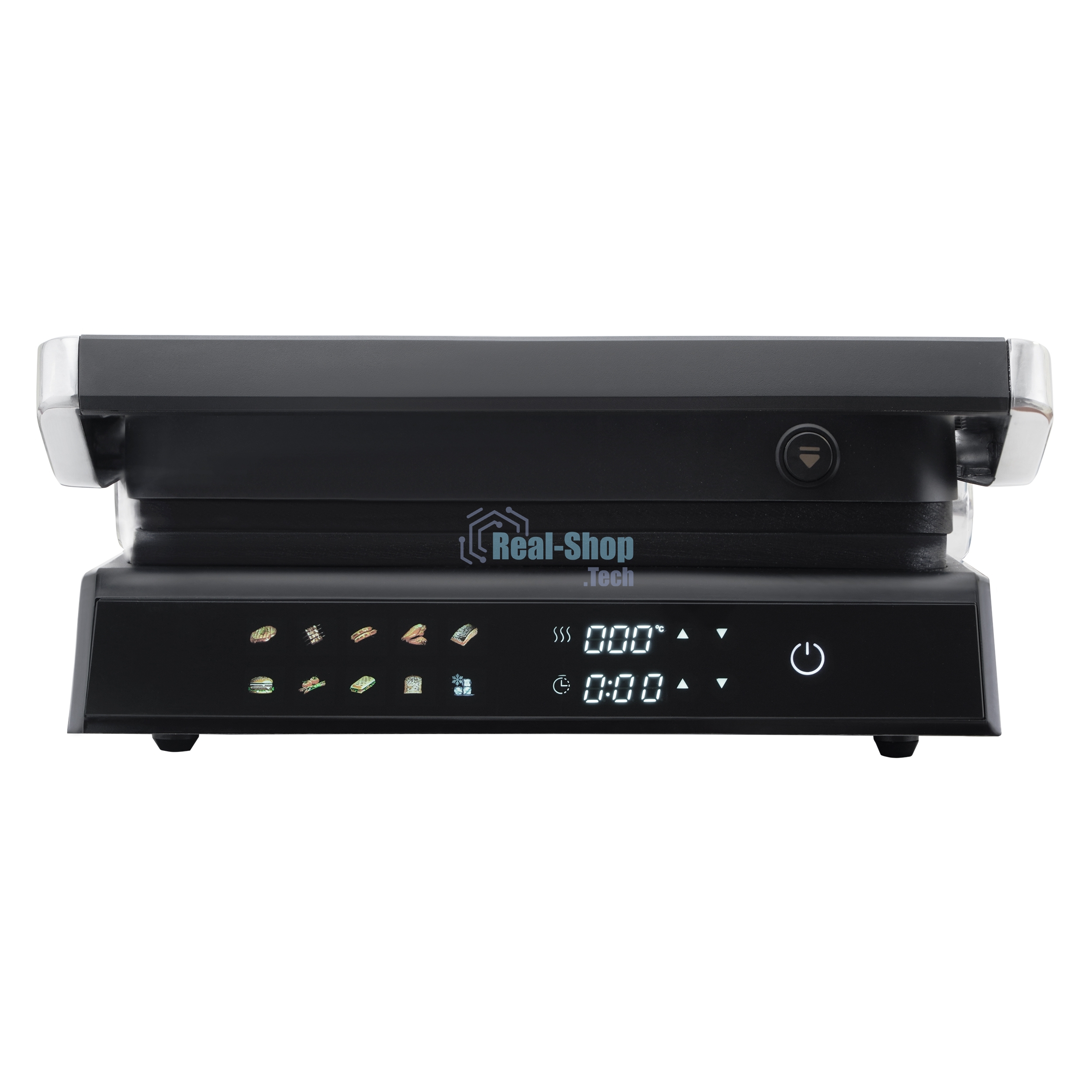 Гриль электрический KORTING KGPA 0403 W Infinity, мощность 2000 Вт, сенсорное управление, цветной дисплей, 10 автоматических программ, раздельная регулировка температуры верхней и нижней панелей, температура от 90 до 230 градусов, таймер, цвет черный