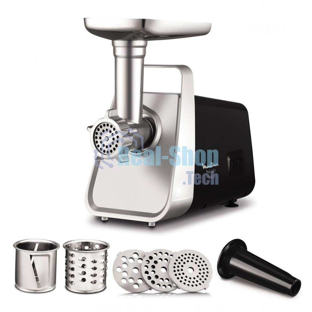 Мясорубка электрическая Moulinex ME306832 черный, 1600 Вт, 1.9 кг/мин, реверс, защита от перегрузки, металлический лоток, насадки - 6