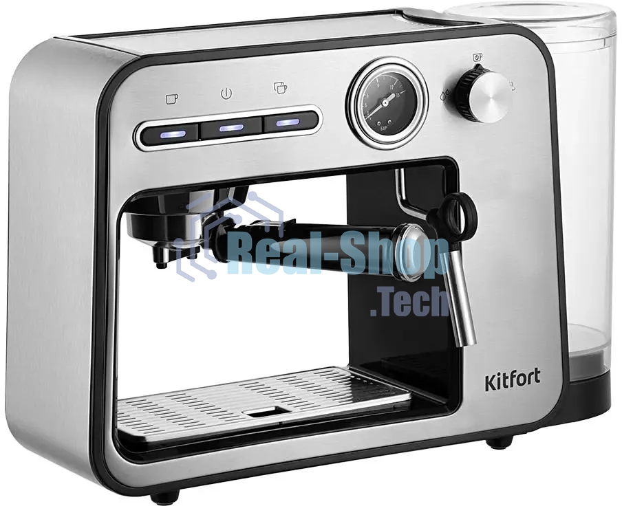 Кофеварка рожковая Kitfort КТ-7515 серебристый, исп. кофе - молотый, 1 л, 1450 Вт, 15 бар