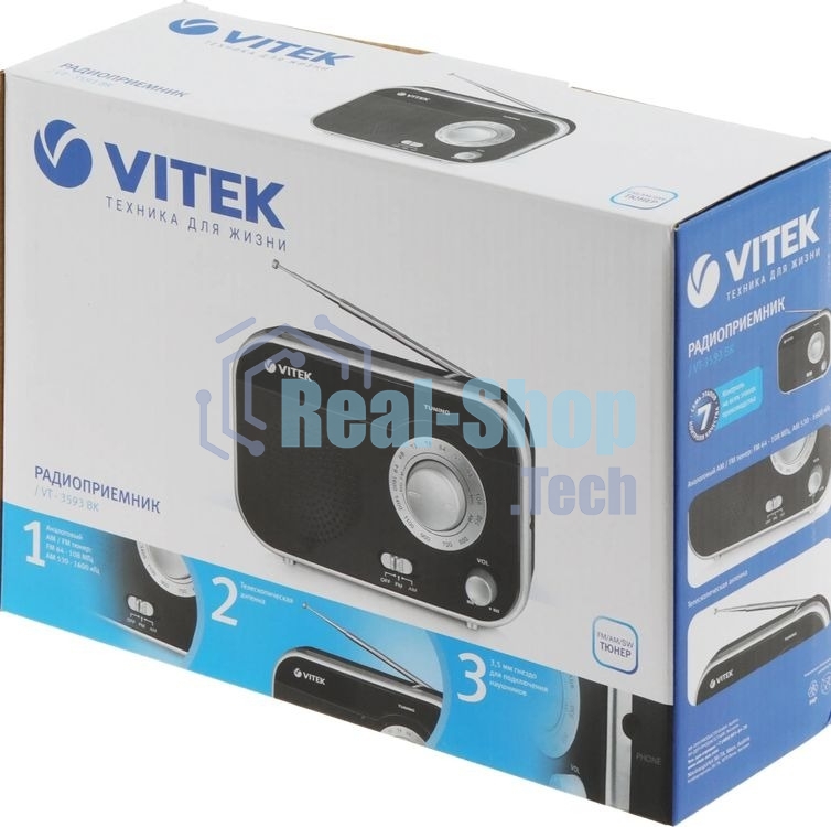 Радиоприемник Vitek VT-3593 (BK) Выходная мощность 1 вт. Динамики 1.Тип батареек UM-2/C