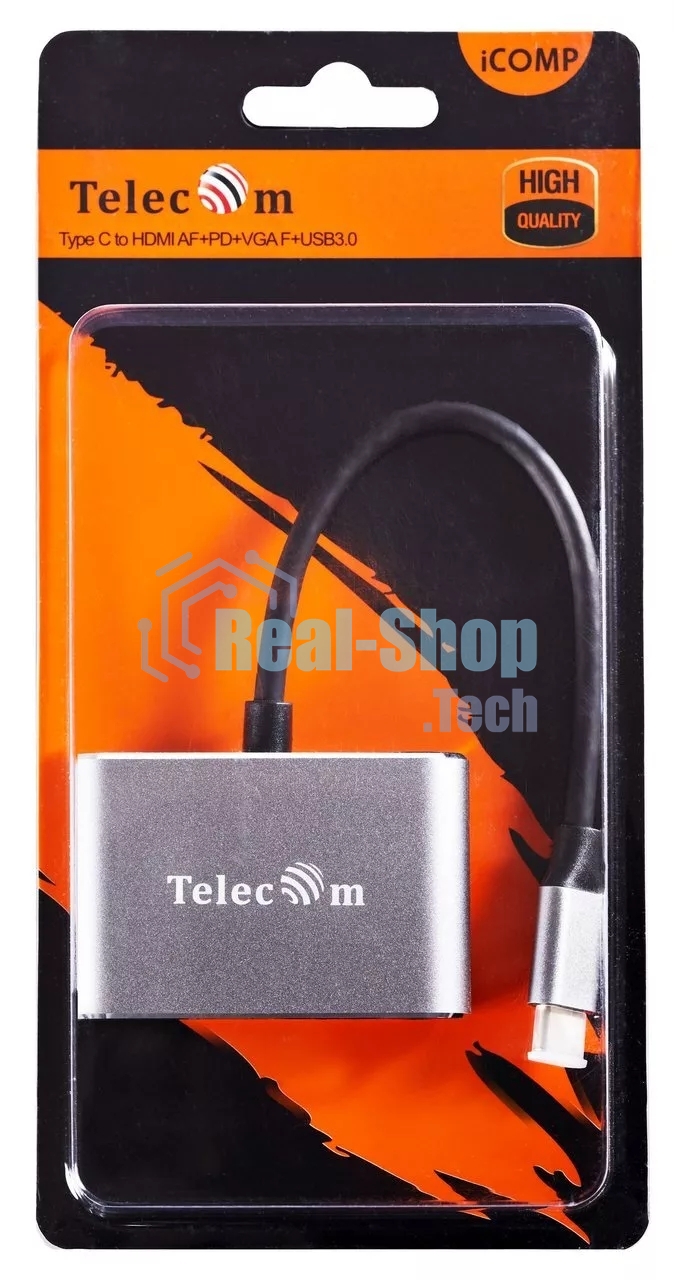USB-концентратор USB3.1 TypeCm -->HDMI+USB3.0+PD+VGA Alum Grey 4K@30Hz, Telecom TUC055