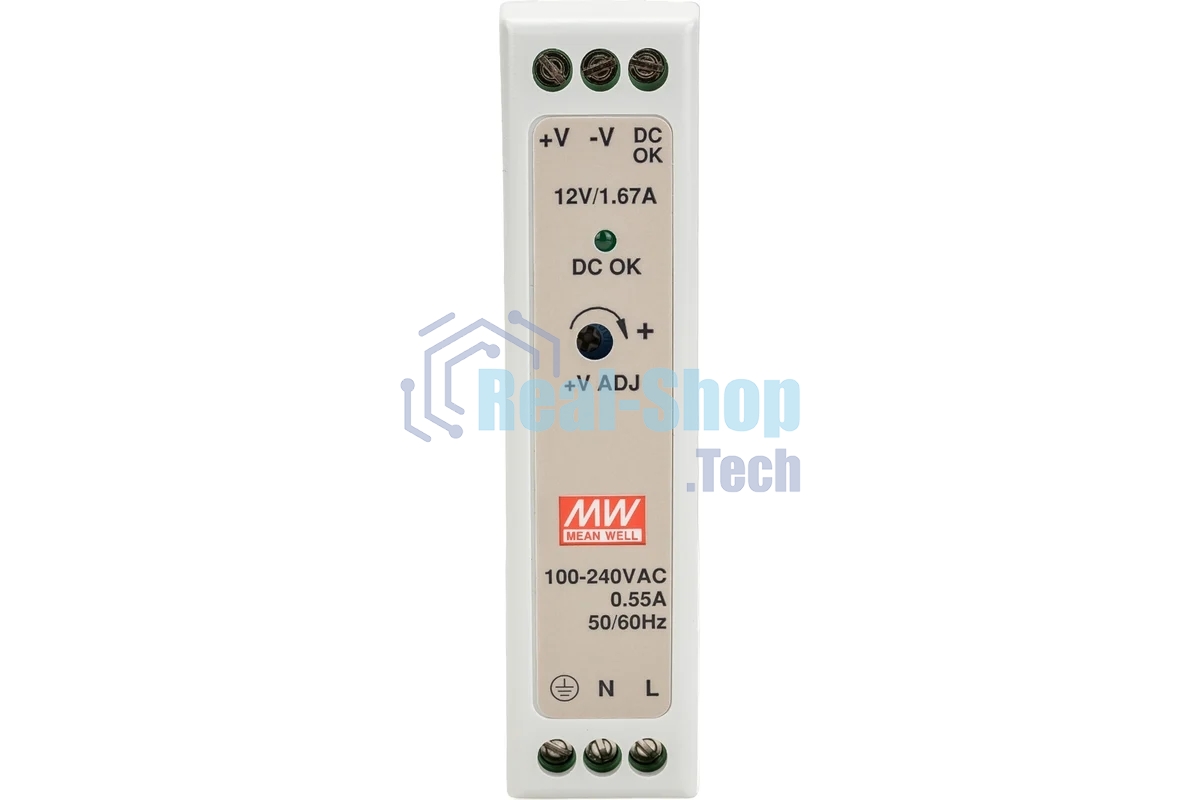 Блок питания AC-DC, 20Вт, вход 85-264V AC, 47-63Гц,120-370В DC, выход 12В,0-1,67A, рег. вых=±10%Uном, в кожухе на DIN-рейку