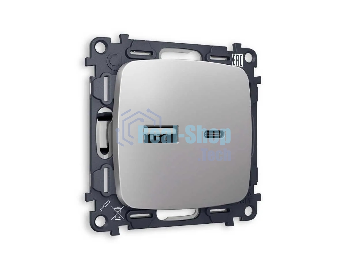 Комплект механизма розетки OMEGA Сталь матовый 2USB A+C 20W 3000mA (быстрая зарядка) QUANT (OP5110, VM177) MO511010