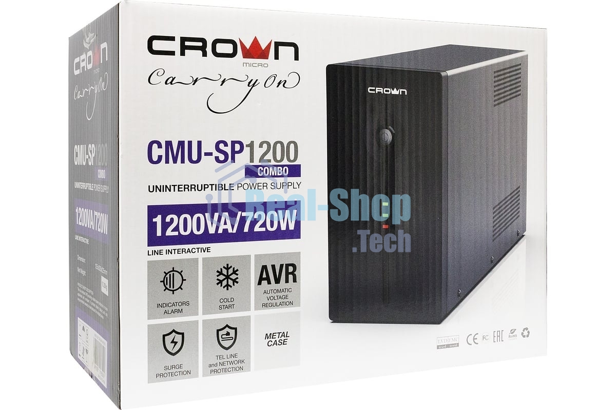 Источник бесперебойного питания CROWN CMU-SP1200 COMBO / 1200ВА / 720Вт / 2xIEC + 2xEURO