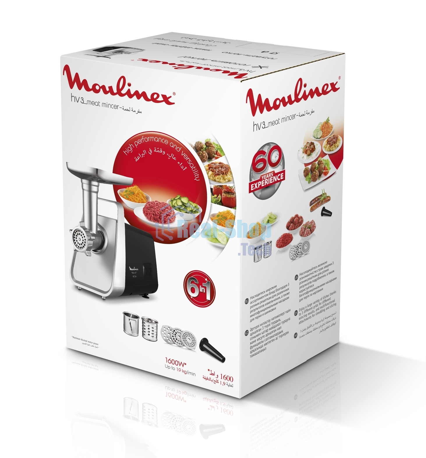 Мясорубка электрическая Moulinex ME306832 черный, 1600 Вт, 1.9 кг/мин, реверс, защита от перегрузки, металлический лоток, насадки - 6