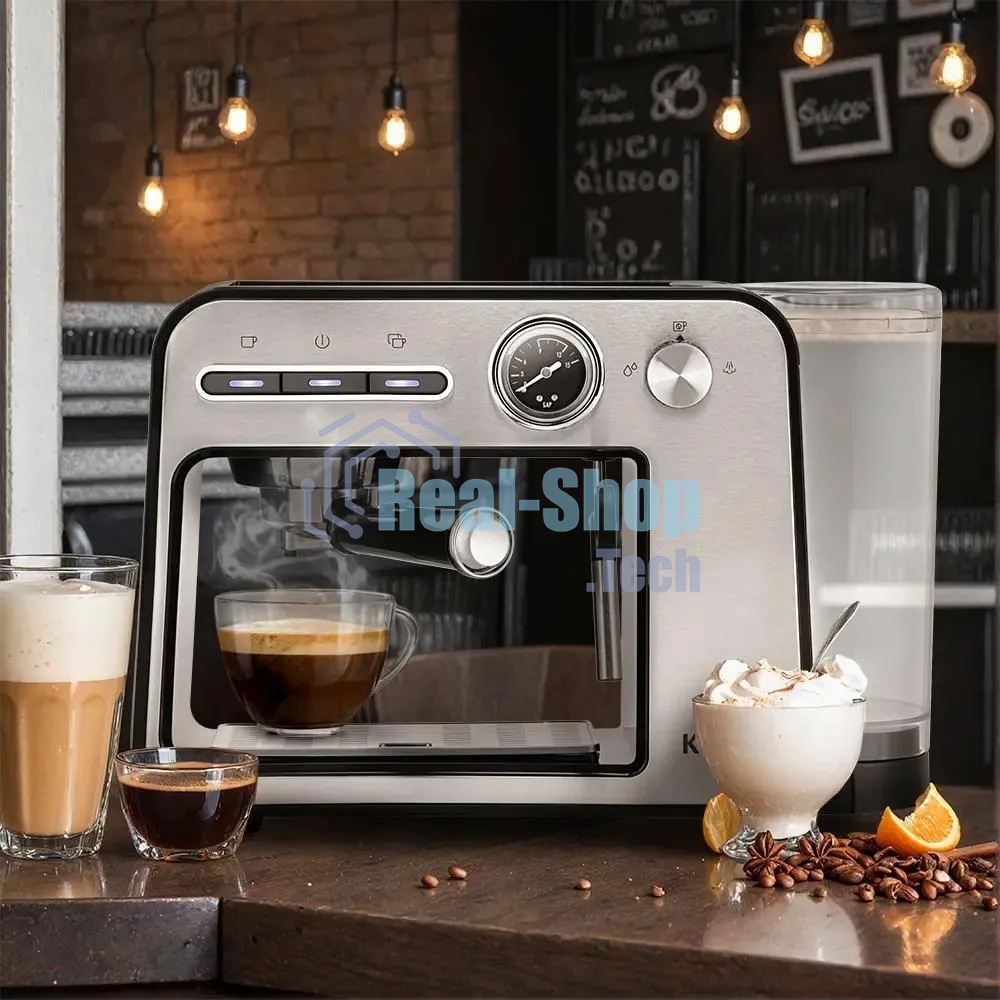 Кофеварка рожковая Kitfort КТ-7515 серебристый, исп. кофе - молотый, 1 л, 1450 Вт, 15 бар