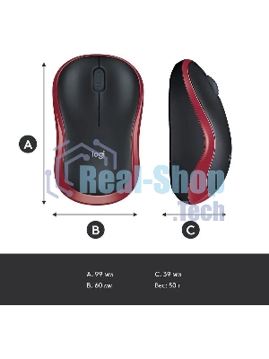 Мышь беспроводная Logitech M185, красный, 1000 dpi, радиоканал, USB, кнопки - 3